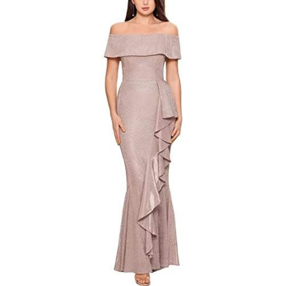Betsy & Adam Shimmer Off Shoulder Evening Gown Champagne Formal Ruffle Dress